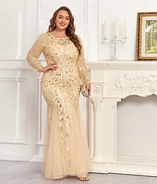 economico -Sirena / Tromba Abito da Sera Brillanti Abito formale Formale Lunghezza al pavimento Manica Lunga Girocollo Abito Champagne per la Madre della Sposa Tulle con Ricamo 2025