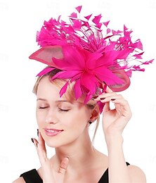 economico -Cappello Headdress in Tessuto Fedora per Corse di Cavalli Vintage Carino Con Fiori di Piuma