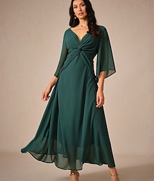 economico -abito da cocktail per invitati a nozze da donna in chiffon tinta unita con volant intrecciato elegante abito lungo estivo scollo a V svasato manica a 3/4