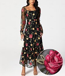 economico -Per donna Vestito nero Vestito maxi Con balze Con ricami Elegante Squadrata Manica lunga Nero Colore