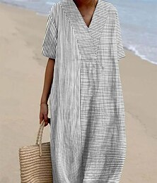 abordables -Femmes Robe Midi Robe d'Été Vacances Occasionnel Chaussures de plage Quotidien Sortir Coupe Ample Graphique Rayure Manche Courte Col en V Frêne Été