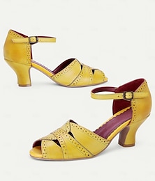 levne -dámské vintage žluté vykukující podpatky z 30. let – retro kožené sandály s páskem kolem kotníku a brogue detaily pro elegantní dámy, ideální na večírky a formální události