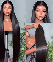 economico -Capelli umani Remy 13x4 Fronte in Pizzo Parrucca Riga Libera Capelli peruviani Liscio Setoso Nero Parrucca 150% Densità dei capelli con Capelli di Bambino Senza Colla Pre-Strappato Per parrucche per