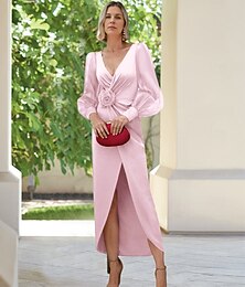 abordables -Robe fourreau  colonne mère de la mariée élégante soirée simple décolleté en V longueur de sol crêpe organza manches bouffantes avec fleur froncée printemps