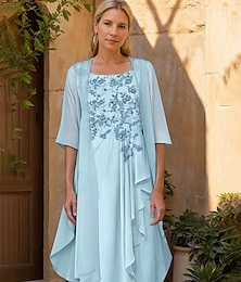 economico -Abito due pezzi A-Line madre della sposa abito elegante minimalista scintillante collo a giro maniche a metà lunghezza in chiffon pizzo giacca inclusa abiti con perline balze applicazioni