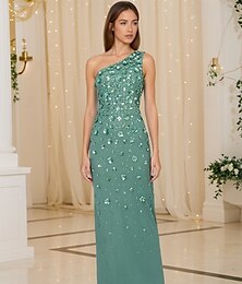 preiswerte -Schlauch  Säule Perlenkleid Promi Stil Kleid Formelles Hochzeitsgast Bodenlang Ärmellos Ein Schulter Chiffon mit Blumen Perlen Pailletten Schlitz