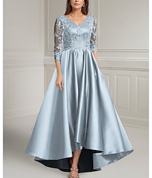 abordables -robe de mère de la mariée violette en forme de A élégante vintage col en V asymétrique en satin à manches longues avec appliques en dentelle couleur unie 2025