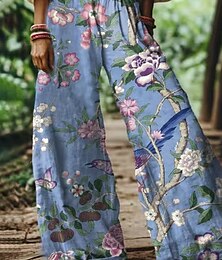 abordables -Femmes Pantalon en coton et lin Slacks Streetwear Occasionnel Longueur complète Naturel Fleur Impression Extérieur Confortable Rue Sortir Bleu lagune Rose Bleu Rose pâle Été Coupe régulière