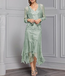economico -abito da sera a trapezio due pezzi abito da madre della sposa elegante vintage scintillante&amp;scollo a V lucido asimmetrico lunghezza alla caviglia chiffon manica lunga con applicazioni in pizzo