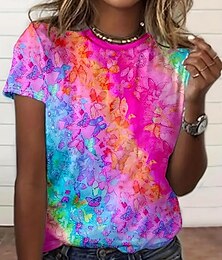 abordables -Mujer Camiseta Tops de verano Mariposa Gradiente de Color Clásico Casual Manga Corta Cuello Barco Tops cortos Diario Fin de semana Estampado Arco Iris Verano Primavera Otoño