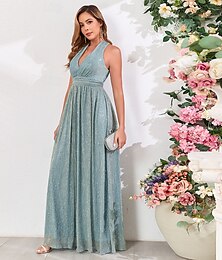 economico -Abiti da cerimonia A-Line eleganti abiti per invitati matrimoni abiti da festa lunghezza a terra senza maniche scollo a V invitati matrimonio autunnale in misto cotone con paillettes