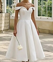 abordables -Ligne A Longueur cheville Robes de mariée Robes pour enterrement de vie de jeune fille robe de mariée Petites Robes Blanches Manche Courte Épaules Dénudées Remise des Diplômes Anniversaire Satin avec