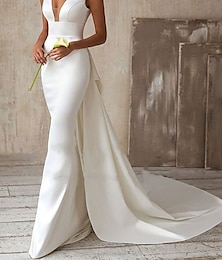 economico -Abiti da sposa sirena/trumpet scollo a V senza maniche strascico satinato abiti da sposa in un colore solido