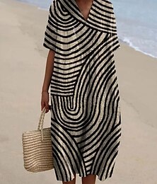 abordables -Femmes Robe Midi Robe d'Été Robe trapèze Vacances Occasionnel Chaussures de plage Sortir Coupe Ample Graphique Géométrique Manche Courte Col en V Rouge bordeaux Orange Blanc Ecru Gris foncé Été