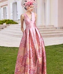 billiga -A-linjig Aftonklänning Hög Slits Klänning Strand Bröllop Formell Bröllop Gäst Golvlängd Ärmlös V-hals Ficka Satin med Blommönster Slits Ficka Derby Klänning Racedag Klänning Bröllop Gäst Klänning 2025