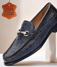 abordables -Mocassins homme en cuir bleu marine gaufré crocodile avec mors en métal - tenue décontractée sophistiquée