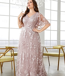 abordables -Robe grande taille mère de la mariée robe courbe élégante décolleté en V longueur sol dentelle manches courtes avec dentelle