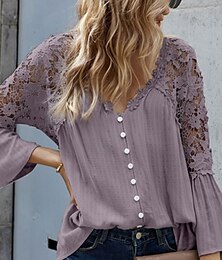 abordables -Mujer Blusa Color sólido Elegante Casual Manga Larga Escote en Pico Tops regulares Diario Botones Negro Blanco Rojo Morado Verde Trébol Verano Primavera