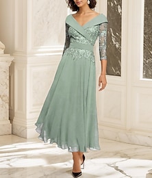 economico -Abito A-Line Madre della Sposa Ospite di Matrimonio Elegante Collo a Cuore Lunghezza Caviglia Chiffon Manica 3/4 con Pizzo 2025 misura personalizzata gratuita