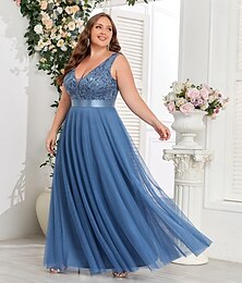 economico -Linea ad A Abiti per invitati a matrimoni Elegante Vestito Ospite di nozze Lunghezza al pavimento Senza Maniche Scollo a V Invitato a matrimonio autunnale Tulle Schiena a V con Ricamo 2025