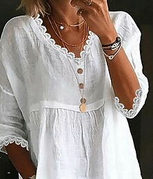 economico -Per donna Camicia Camicie di cotone e lino Blusa Semplice Essenziale Moderno Casual Manica 3/4 Scollo a V Top Regolari Quotidiano Ferie Uscire Arricciato Bianco Rosa Azzurro Estate