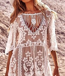 abordables -Maillots de bain pour femmes robe de plage couverture maillot de bain en dentelle patchwork vacances couleur unie col en V à manches longues