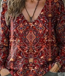 preiswerte -Damen Leinen-inspirierte Hemden T Shirt Blumen Mode Lässig Langarm V Ausschnitt Normale Oberteile Täglich Ausgehen Druck Rote Orange Braun Grün Sommer