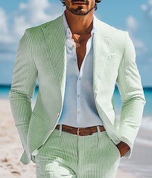 abordables -Trajes de boda de verano casuales de seersucker para hombres en azul cielo y salvia ligeros de color sólido ajustados de 2 piezas con dos botones