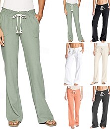 abordables -Femmes Pantalon en coton et lin Pantalon palazzo Mode Streetwear Longueur complète Naturel Uni Avec Poches Conception à cordon élastique Confortable Extérieur Rue Tenue quotidienne Sortir Abricot