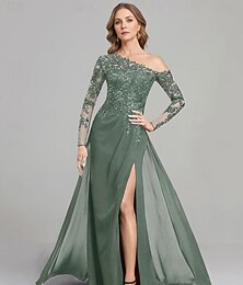 abordables -Robe fourreau robe de mère de la mariée robe formelle élégante épaule unique longueur sol en chiffon à manches longues avec dentelle couleur unie