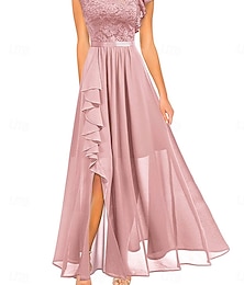 economico -Abito Sposa della Madre Ospite di Matrimonio Elegante Informale Collo Gioiello Lunghezza Paving Poliestere Maniche Corte con Pizzo
