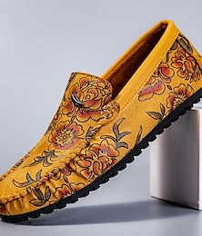 levne -pánské květinové vyšívané mokasíny v semišově žluté barvě - stylové slip-on boty ideální pro běžné výlety a umělecké akce