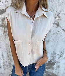 economico -Canotta donna top in cotone e lino colore solido base casual maniche corte scollo rotondo colletto della camicia tops regolari quotidiani bottoni tasca bianco blu navy albicocca blu chiaro estate