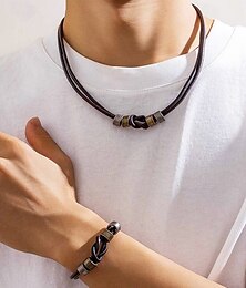 abordables -Conjunto de collar y pulsera de cuero para hombre: diseño de nudo vintage con detalles metálicos, joyería ajustable hecha a mano para estilo casual, motero y bohemio, perfecta para uso diario y regalos.