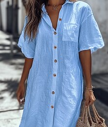 economico -Per donna Camicia Camicie di cotone e lino Abbottonare Blusa Semplice Essenziale Moderno Casual Manica Corta Colletto a Camicia Top lunghi Quotidiano Ferie Uscire Bottoni Tasca Bianco Giallo Azzurro