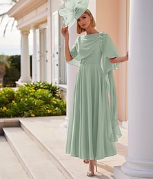 economico -Abito A-Line madre della sposa abito elegante scollatura bateau lunghezza alla caviglia chiffon maniche corte con strato di pizzo abito per il giorno della corsa