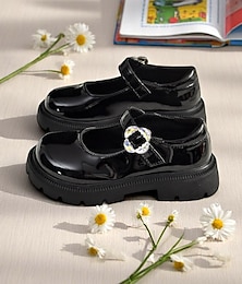 billige -små jenters svarte patent Mary Janes med rhinestone-spenne – kjolesko med lav hæl for skole og spesielle anledninger