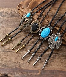 levne -pánská westernová kovbojská bolo kravata s tyrkysovou vložkou, vintage design - nastavitelná kožená šňůrka, kovbojský módní doplněk pro běžné i formální příležitosti