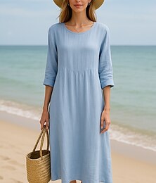 olcso -Női Mini ruha Pamut vászon ruha Elegáns Alap Modern Vakáció Szabadság Tengerpart Normál Sima Háromnegyedes Terített nyak Medence Nyár
