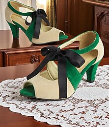 levne -dámské zelené a béžové semišové podpatky s černou stuhou – boty ve stylu edwardianského vintage stylu z 20. let 20. století na elegantní večírky, taneční akce a retro outfity