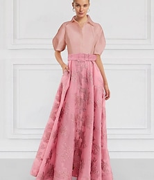 billige -Rosa A-Linje Kvelds kjole Elegant Kjole Formell Bryllupsgjester Gulvlengde Halv Erme Skjorte Krage Belte  Sash Nylon med Blomstertrykk Bryllupsgjester Kjole