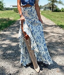 abordables -Femmes Jupe Occasionnel Boho Maxi Taille Basse Jupes Fleuri Imprimé Fendu Micro-Élastique Vacances Rue Blanche Été Polyester