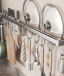 economico -Supporto portaoggetti multifunzionale per cucina con ventosa, ABS, alluminio, asta appendiabiti con gancio &portacoltelli a parete, portapale, portacoperchi, soluzione unica per riporre utensili da