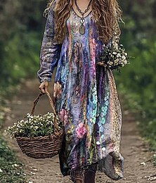 economico -Per donna Abito maxi Vestito Estivo Abito Pieghettato Vacanza Casual Boho Uscire Spiaggia Vestibilità comoda Floreale Grafico Manica Lunga Scollo a V Blu Blu chiaro - bianco Ametista Estate Primavera