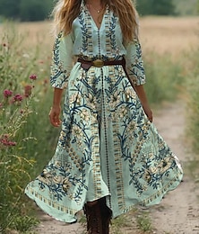ieftine -Rochie Boho pentru femei rochie western vintage maxi rochie de vară rochie plisată vacanță casual boho pentru ieșiri la plajă ajustare standard grafică paisley mânecă 3/4 guler în V albă albastră