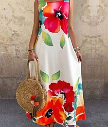 preiswerte -Damen Maxikleid A Linie Kleid Urlaub Lässig Strand Täglich Normale Passform Blumen Grafik Ärmellos Rundhalsausschnitt Rote Sommer Frühling