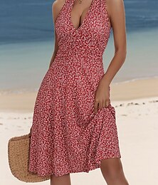 abordables -Femmes Mini Robe Robe trapèze Robe dos nu Vacances Occasionnel Boho Extérieur Sortir Plage Coupe régulière Fleuri Sans manches Col Halter Jaune Rouge Bleu Vert Été