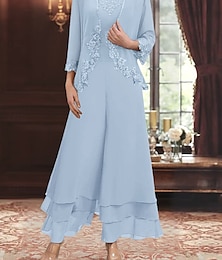 economico -Set di Abiti Madre della Sposa Abito Ospite di Matrimonio Elegante Semplice V Collo Lunghezza Piena Poliestere Maniche Lunghe con Ricamo