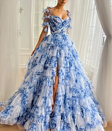 economico -Abito da Prom a Forma di A Blu Abiti a Balze Corsetti Abito Semiformale Matrimonio Lunghezza Piena Senza Maniche Abito a Cuore Organza con Stampa Floreale Dettagli Arricciati con Spacco Alto Abito