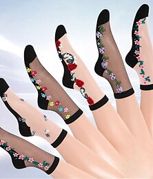 preiswerte -6 Paar Damen bestickte Blumen Socken transparente dünne trageangenehme Strumpfwaren